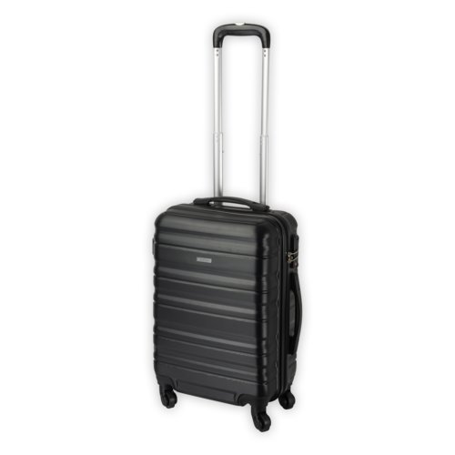 Trolley de viaje negro de carcasa dura con ruedas y asa telescpica.