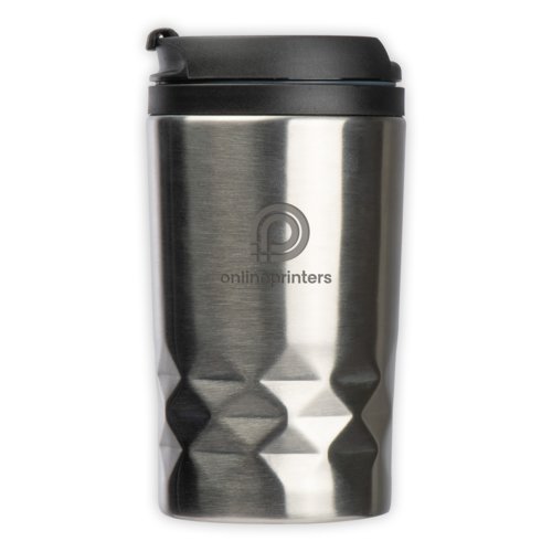 Taza trmica plateada de acero inoxidable con tapa negra.