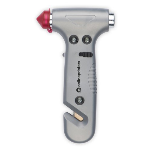 Martillo de emergencia gris con cortador de cinturn y rompecristales.