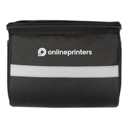 Bolsa de bicicleta negra con cremallera y banda reflectante.