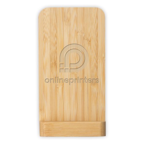 Cargador inalmbrico de madera clara con funcin de soporte.
