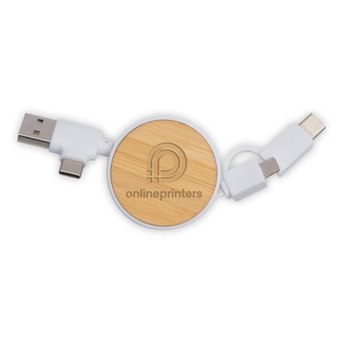 Cable de carga blanco con carcasa de bamb y mltiples conectores.