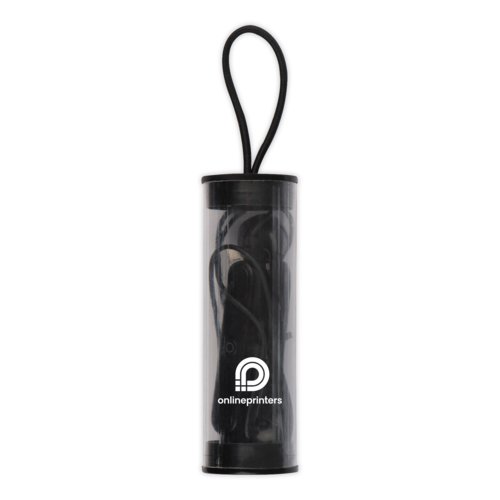 Auriculares Bluetooth negros con estuche de carga.