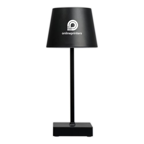 Lmpara de mesa negra con pantalla y base rectangular.