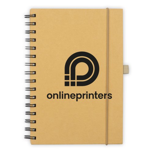 Cuaderno marrn con cierre elstico y encuadernacin en espiral.