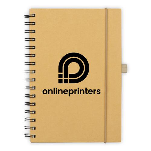 Cuaderno marr�n con cierre el�stico y encuadernaci�n en espiral.