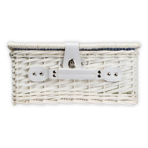 Cesta de picnic de mimbre blanca con asa y cierre.