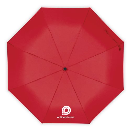 Paraguas rojo con mecanismo de apertura manual.