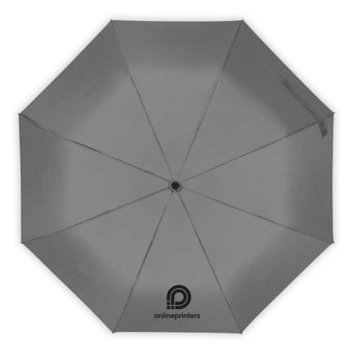 Paraguas gris con funda y estructura resistente.