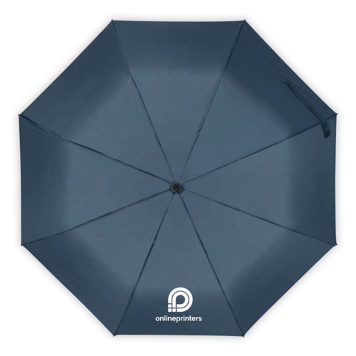 Paraguas azul oscuro con mecanismo de apertura manual.