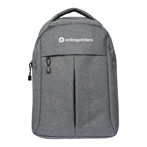 Mochila gris de tela con asa y cremallera.