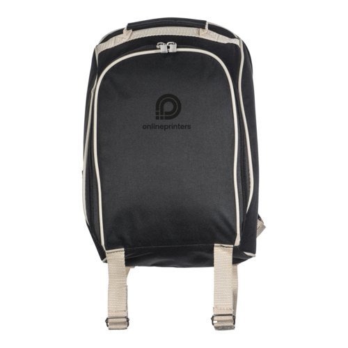 Mochila de picnic negra con correas ajustables.