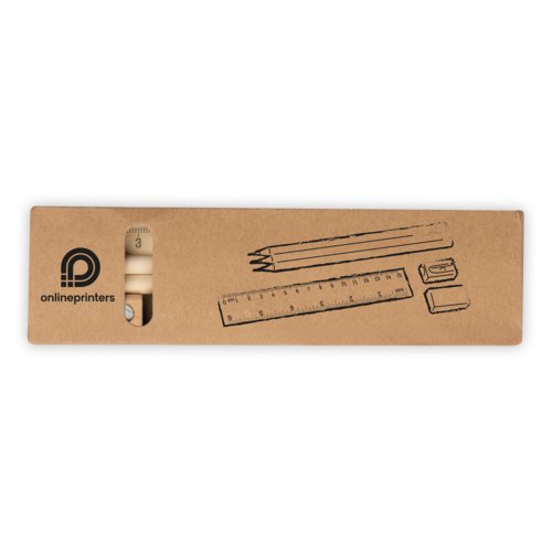 Set de escritura beige que incluye lpiz, sacapuntas, goma de borrar y regla.