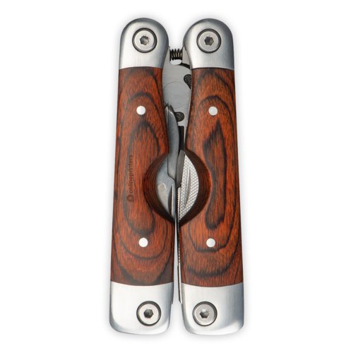 Herramienta multifuncional marrn de madera y metal con varias herramientas.