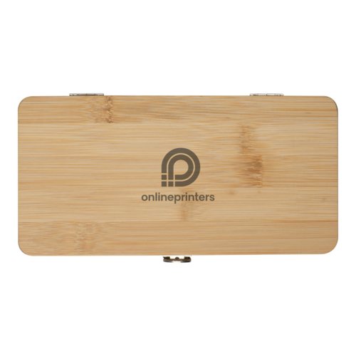 Juego de herramientas de bamb beige con bisagras y cierre.