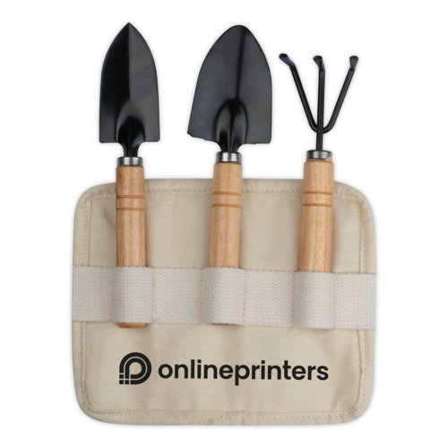 Juego de herramientas de jardinera de metal y madera en bolsa de tela.