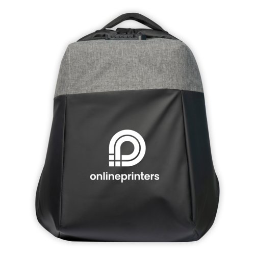 Mochila de material gris con asa de transporte y cremallera.