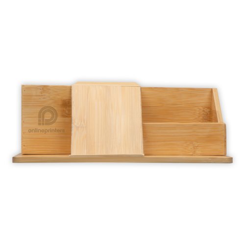 Organizador de escritorio beige de bamb con compartimentos.