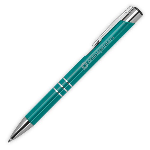 Bolgrafo de metal turquesa con clip y botn pulsador.