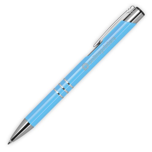 Bolgrafo de metal azul claro con clip y botn pulsador.
