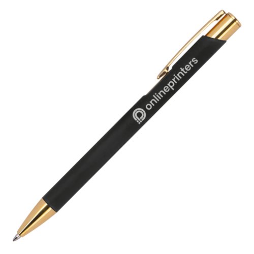 Bolgrafo de metal negro con detalles dorados y clip.