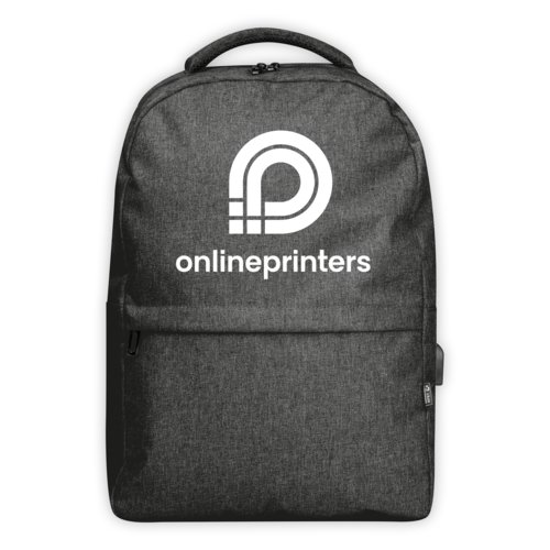 Mochila RPET gris con asa de transporte y correas ajustables.