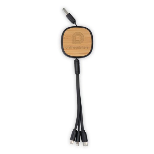 Cable de carga de madera con conectores USB, Micro-USB y USB-C.