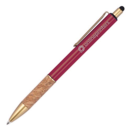 Bolgrafo de metal burdeos con elemento de corcho y funcin de lpiz tctil.