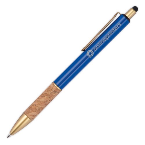 Bolgrafo de metal azul con agarre de corcho, clip y funcin de lpiz tctil.