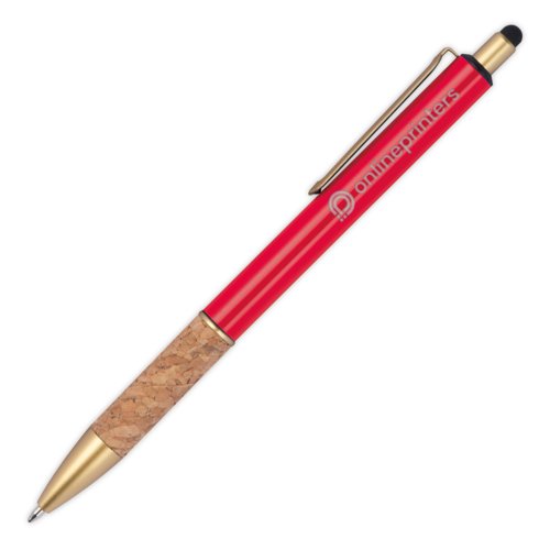 Bolgrafo de metal rojo con agarre de corcho y funcin de lpiz tctil.