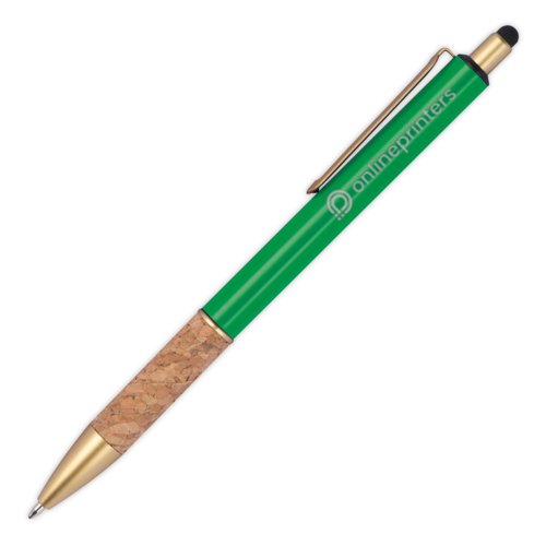 Bolgrafo de metal verde con agarre de corcho, clip y funcin de lpiz tctil.