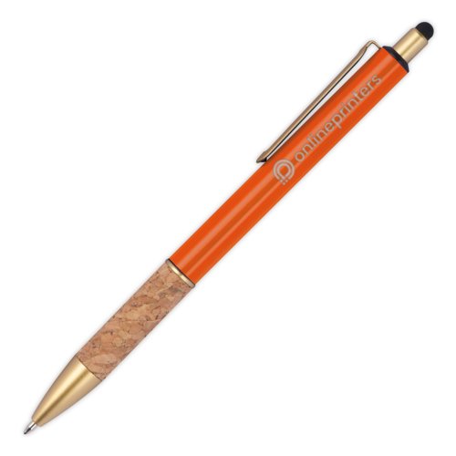 Bolgrafo naranja de metal con detalles de corcho, clip y lpiz tctil.