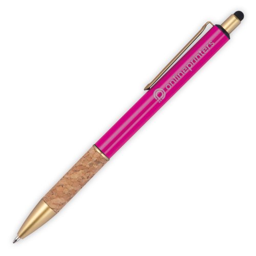 Bolgrafo de metal rosa con detalles de corcho, clip y funcin de lpiz tctil.