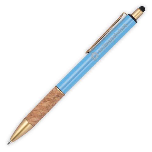 Bolgrafo de metal azul claro con agarre de corcho y funcin de lpiz tctil.