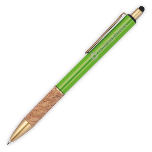 Bolgrafo de metal verde manzana con agarre de corcho, clip y lpiz tctil.