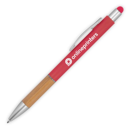 Bolgrafo rojo de madera con funcin tctil y clip.