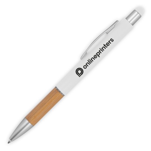Bolgrafo blanco de madera con funcin tctil y clip.