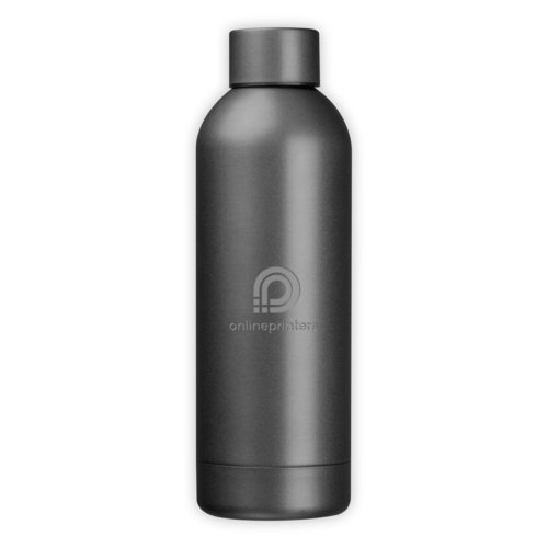 Botella de agua al vaco de metal gris con tapn de rosca.