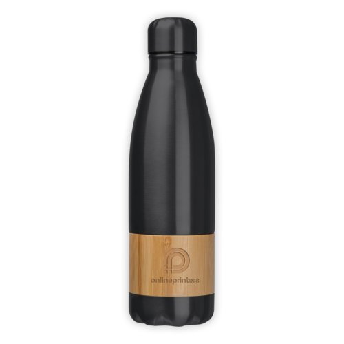 Botella negra de acero inoxidable con detalle de bamb.