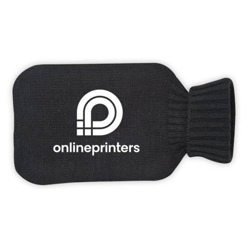 Bolsa de agua caliente negra con funda de punto acanalado.