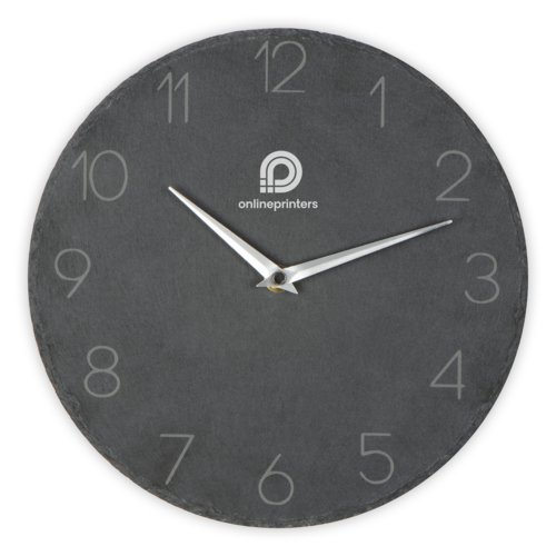Reloj de pared de pizarra gris con manecillas y nmeros.