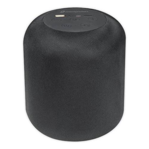 Altavoz Bluetooth negro con controles y puerto USB.