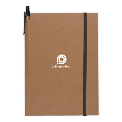 Cuaderno marrn con goma elstica y presilla para bolgrafo.