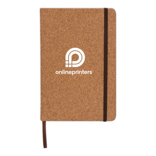 Cuaderno de corcho con cierre de goma elstica y marcapginas.