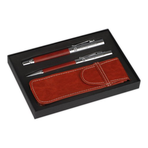 Juego de escritura marrn con bolgrafo, pluma estilogrfica y estuche.