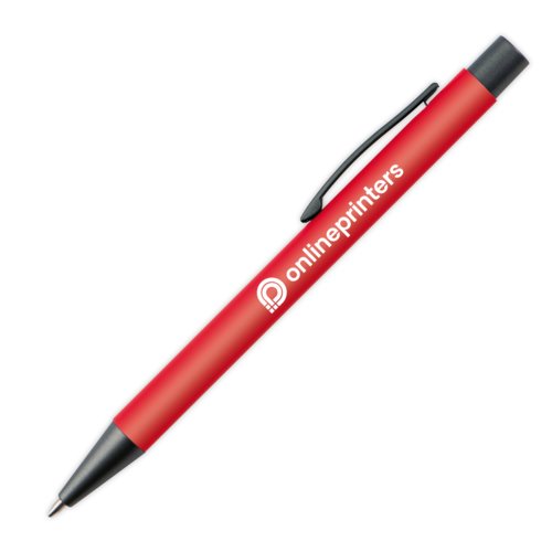 Bolgrafo rojo de plstico con clip y botn pulsador.