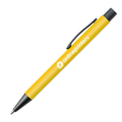 Bolgrafo de plstico amarillo con clip y botn pulsador.
