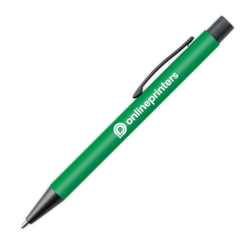 Bolgrafo verde de plstico con clip y botn pulsador.