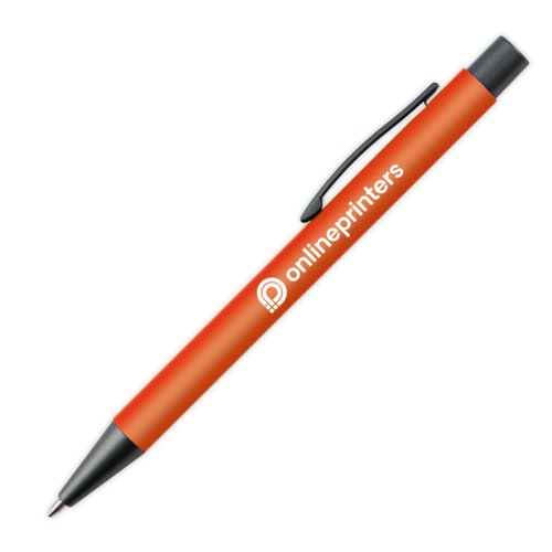 Bolgrafo de plstico naranja con clip y botn pulsador.