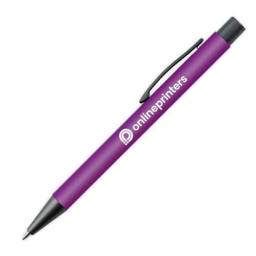 Bolgrafo de plstico violeta con clip y botn pulsador.